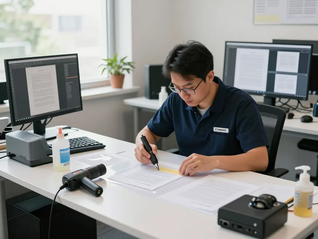 bóc giấy ép plastic technique demonstrated with professional tools in a modern workspace.