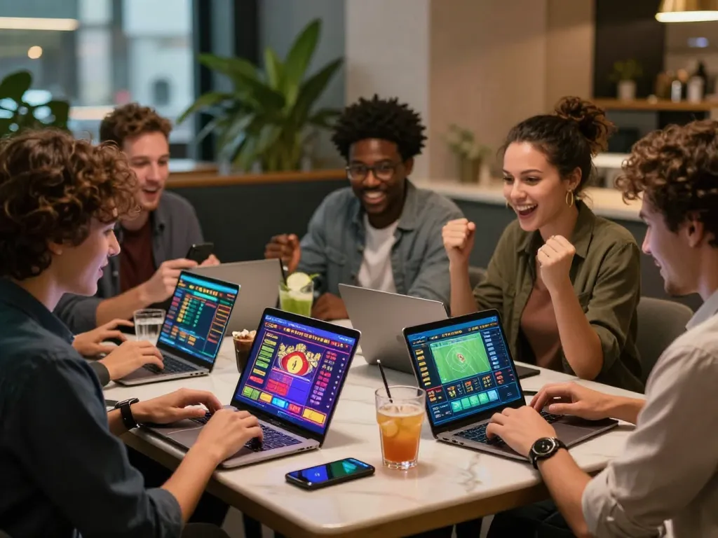 Engaging group enjoying an online betting experience with VN88 in a vibrant lounge.