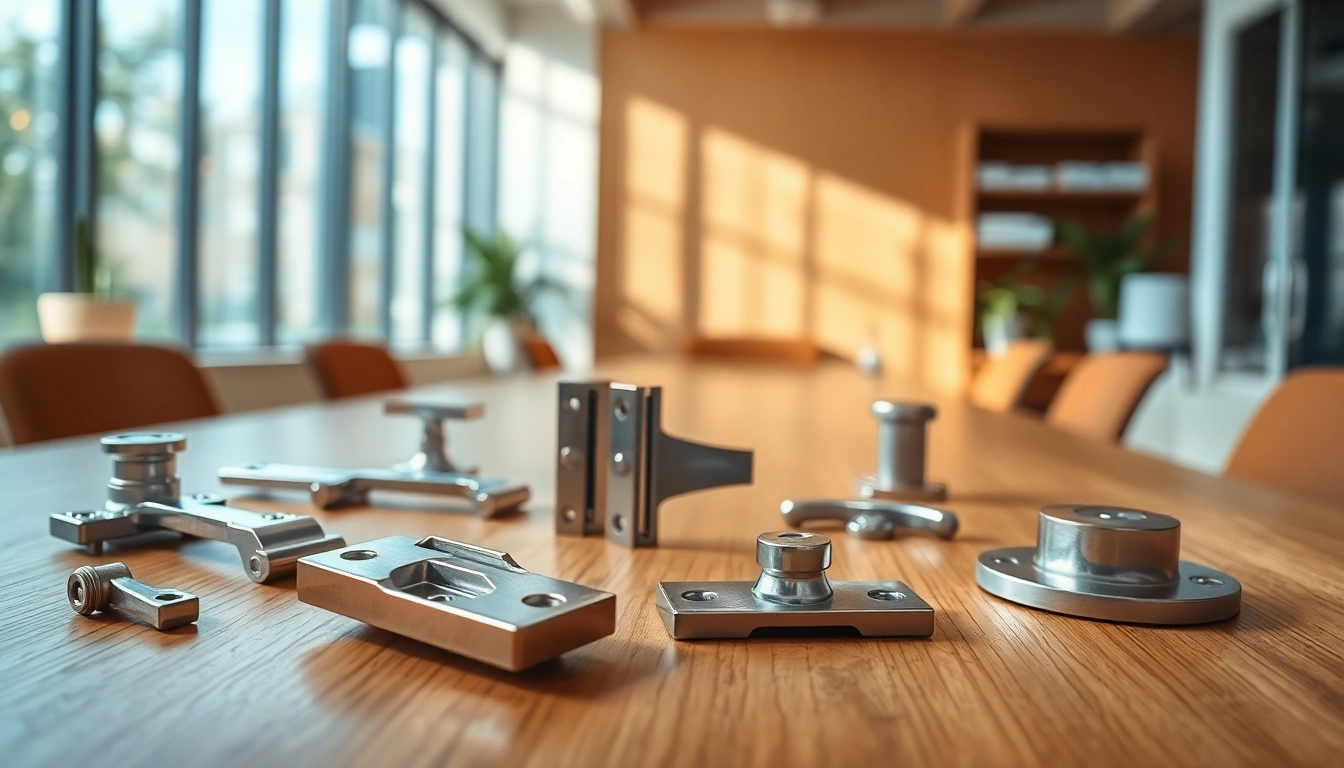 Showcase of furniture hardware manufacturers with detailed metal components on a modern workspace.