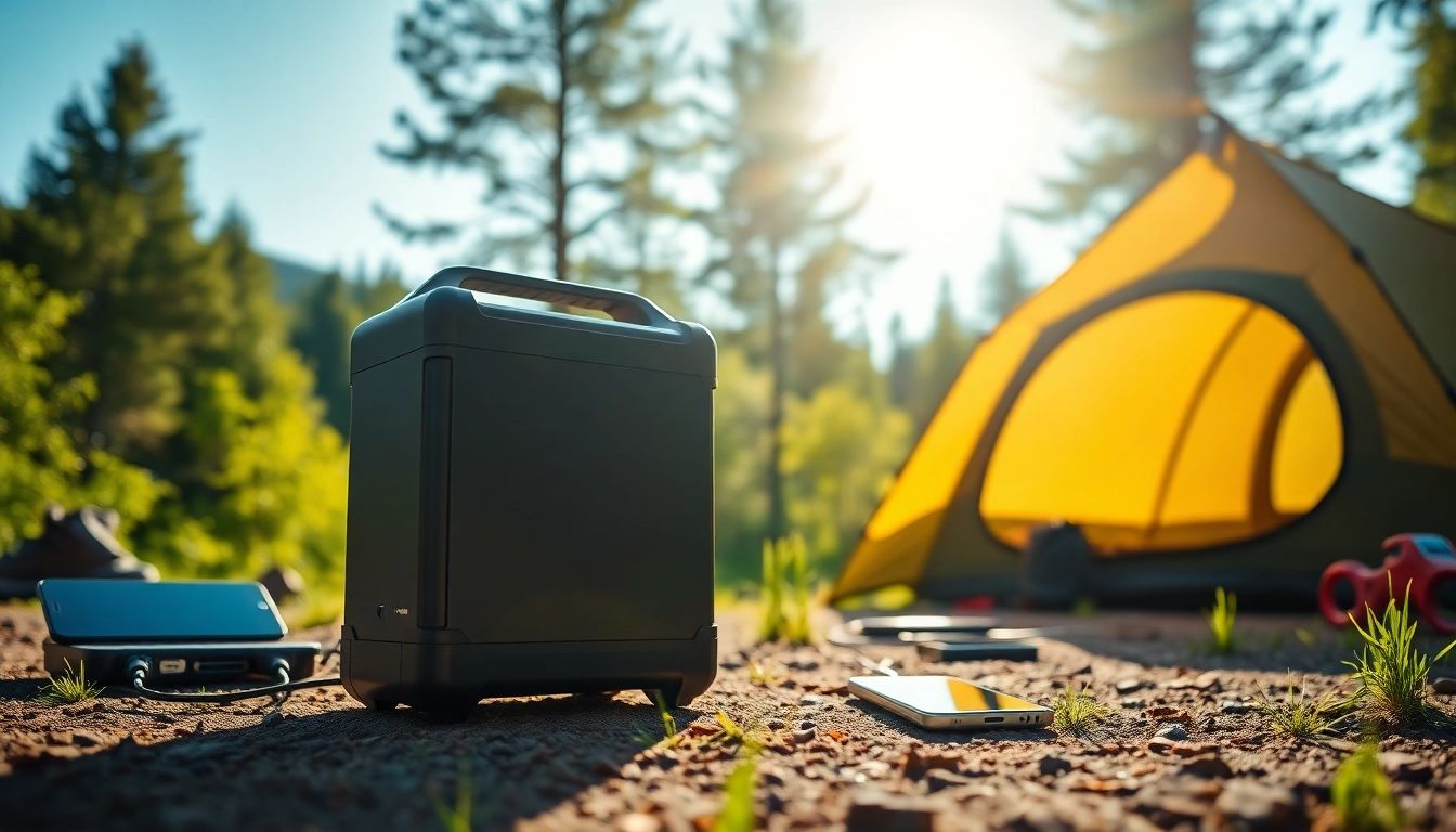 EcoFlow portable power station showcased outdoors with devices being charged.