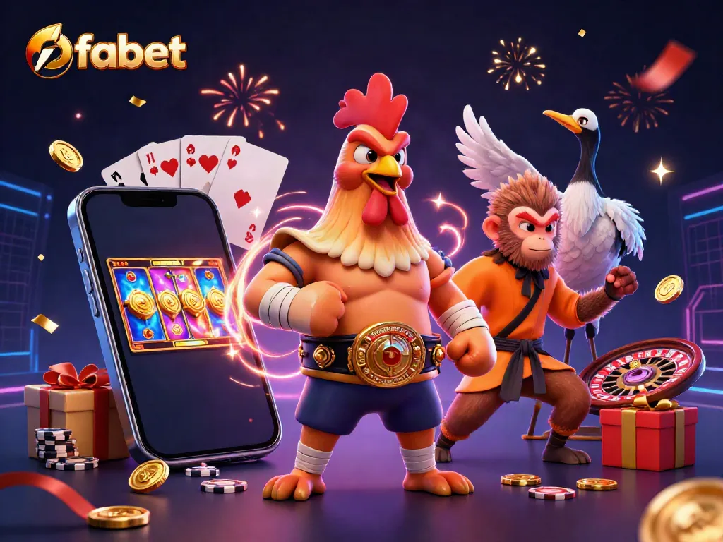 Experience the vibrant world of fabet with colorful slot games, dynamic characters, and festive elements surrounding a lively casino scene.