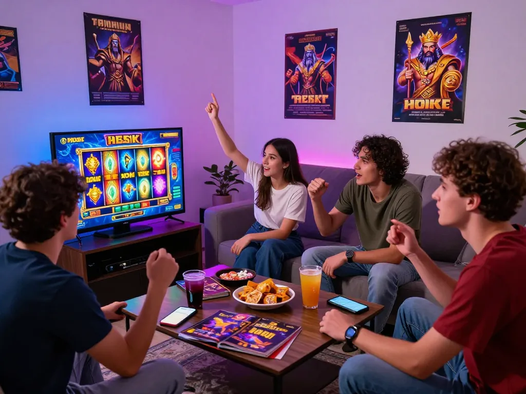 Group of friends enjoying hoki slot gaming together in a vibrant living room.