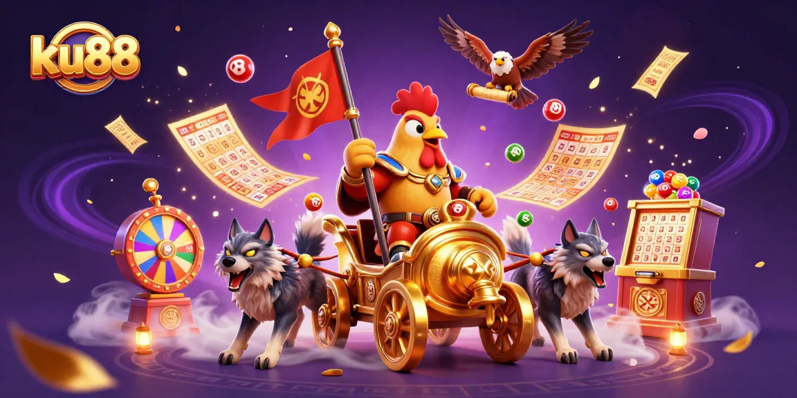 Experience the excitement of ku88 with a colorful lottery-themed 3D illustration featuring dynamic game elements.