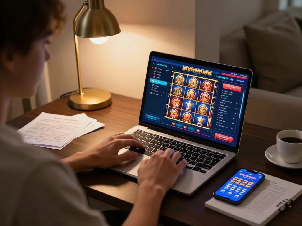 CM88 user enjoying online slots on laptop in a cozy home environment with strategic notes.