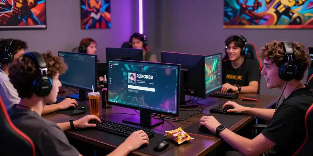 Exciting scene of players engaging with ROKOK88 link login on laptops in a vibrant gaming environment