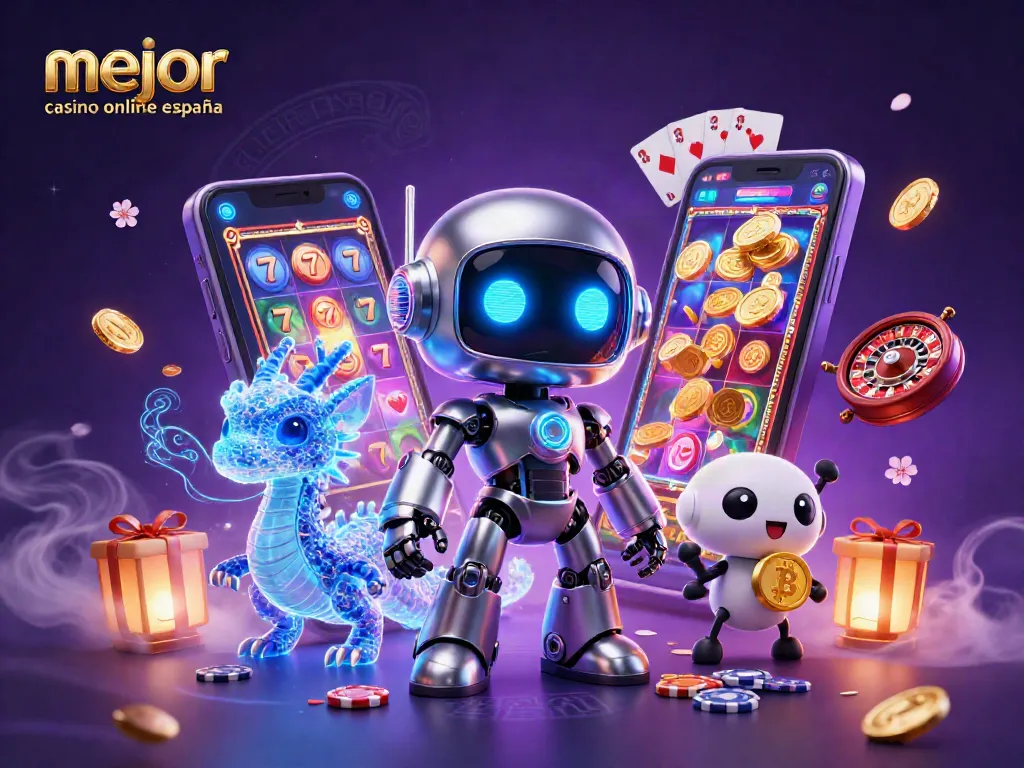 Visualiza el mejor casino online España con un emocionante robot y un dragón holográfico en un entorno de juego animado.