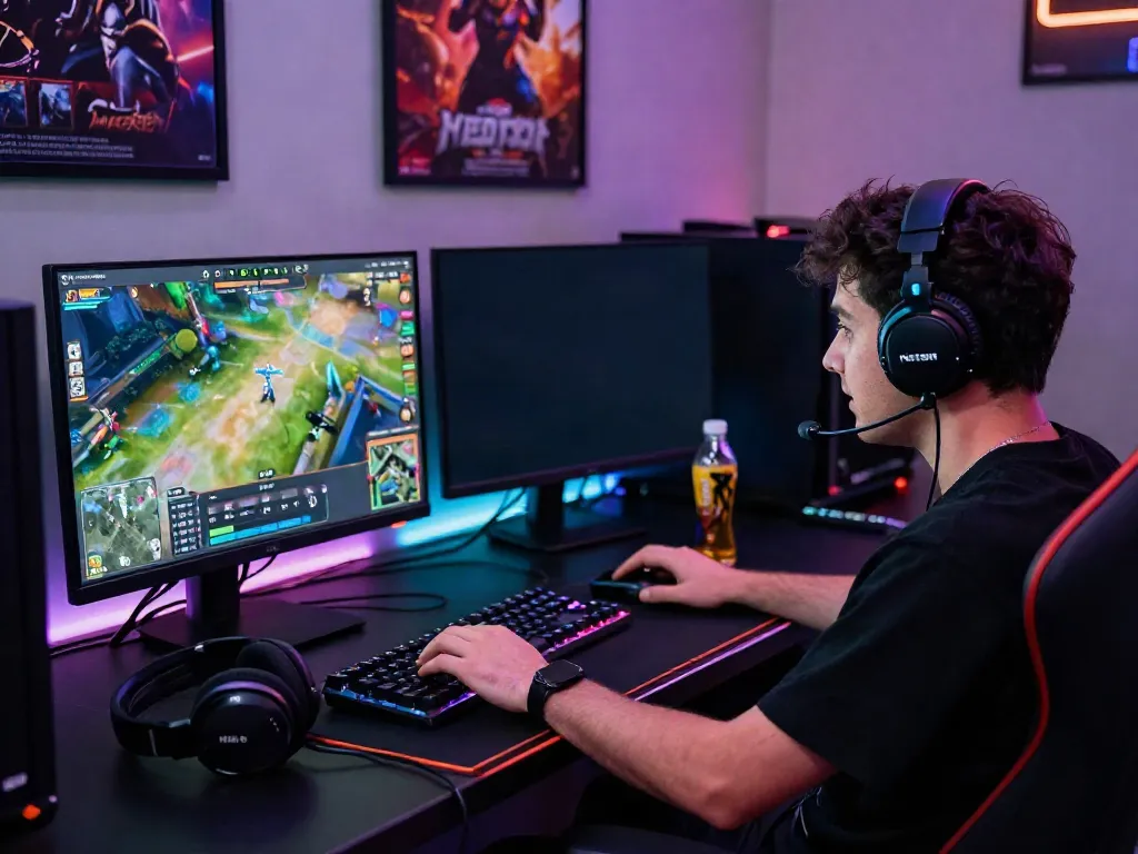 Exciting gaming scene illustrating a player engaged with the NET88™ platform, highlighting vibrant lighting and modern equipment.