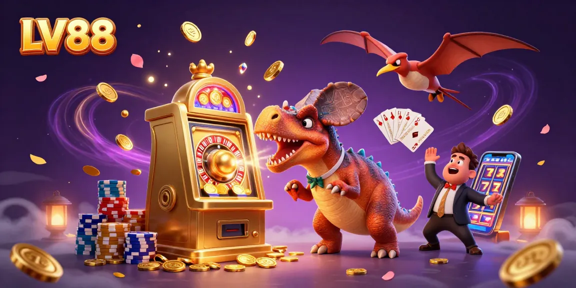 Experience the thrill of LV88 as a pachycephalosaurus wins on a golden slot machine while coins fly in excitement.