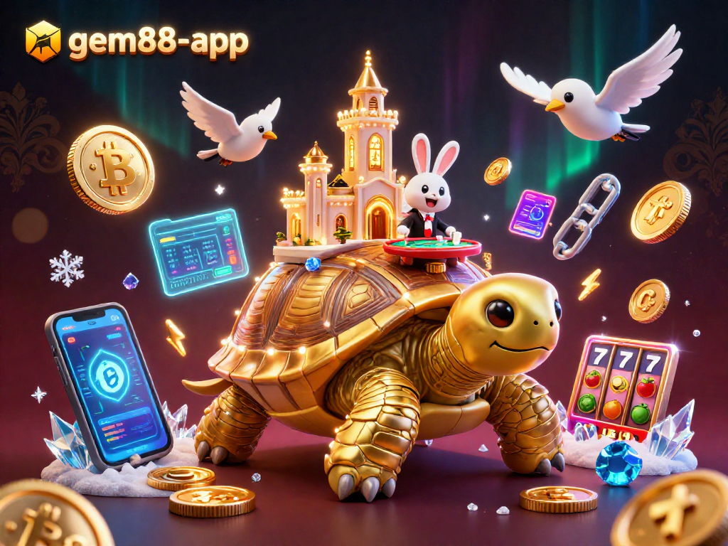 Engage with the gem88-app in an exciting cartoon casino scene featuring a tortoise, dealer, and flying coins.