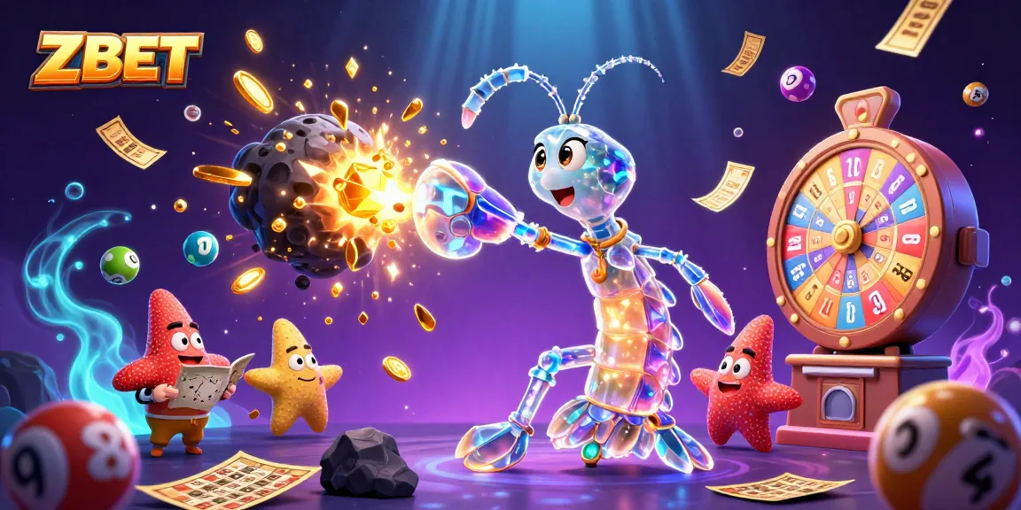 ZBET offers a vibrant casino atmosphere with golden gems and colorful lottery balls in a dynamic 3D illustration.