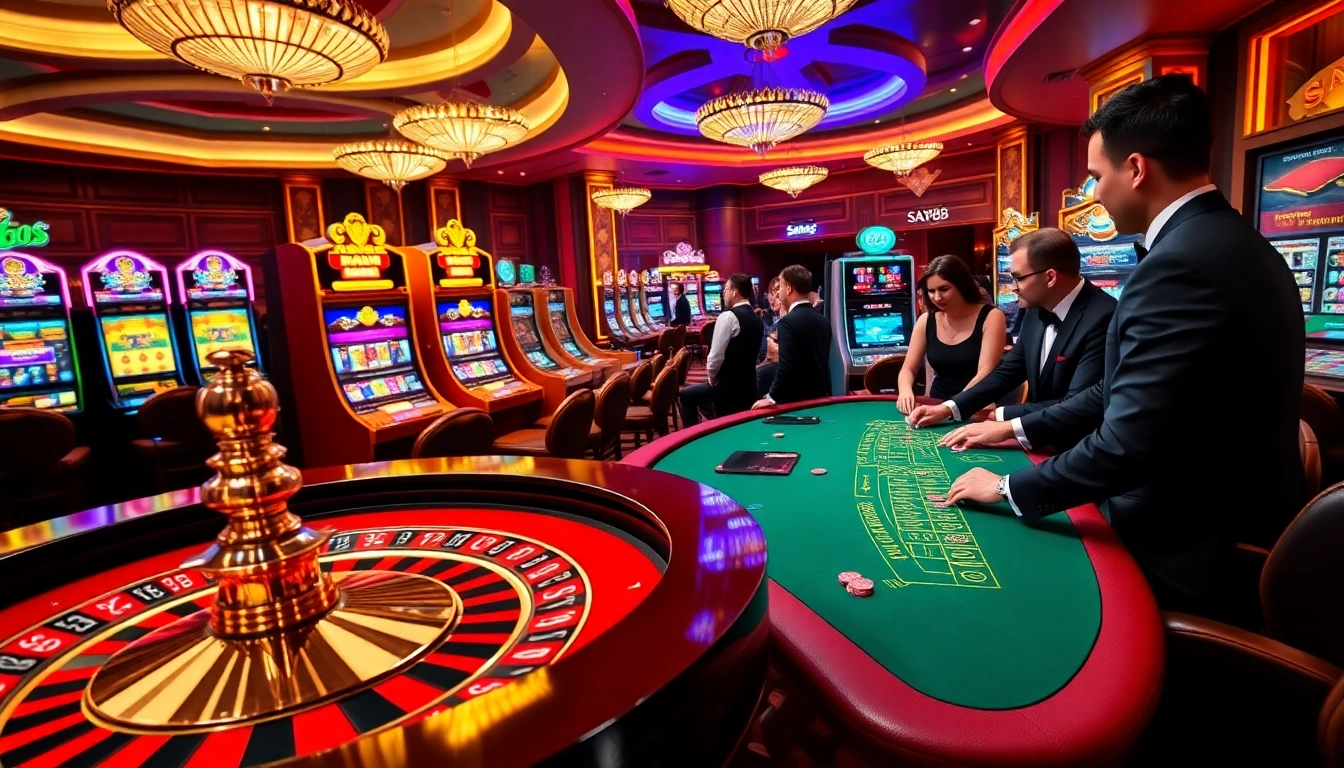 SAY88 showcases an exciting gambling atmosphere filled with vibrant roulette tables and players enjoying blackjack.