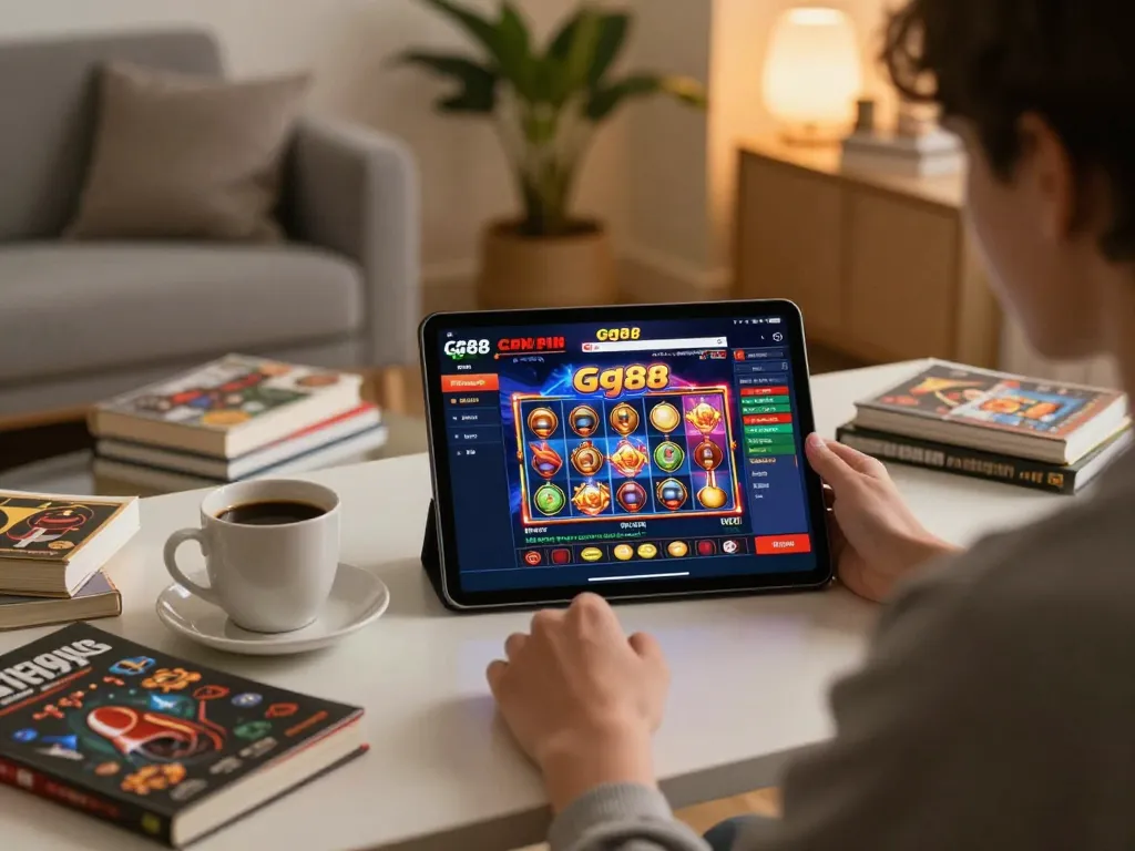 Player engaging with gg88 com online casino interface on tablet in a cozy home setting.