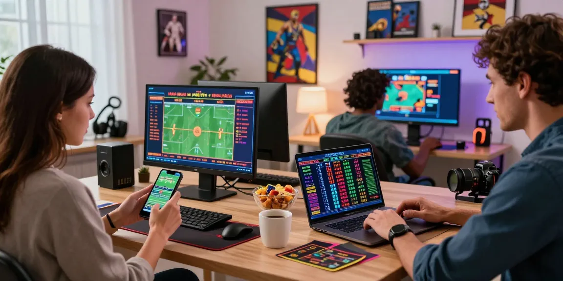 LUCK8 online gambling scene with individuals engaging in betting activities in a vibrant home office environment.