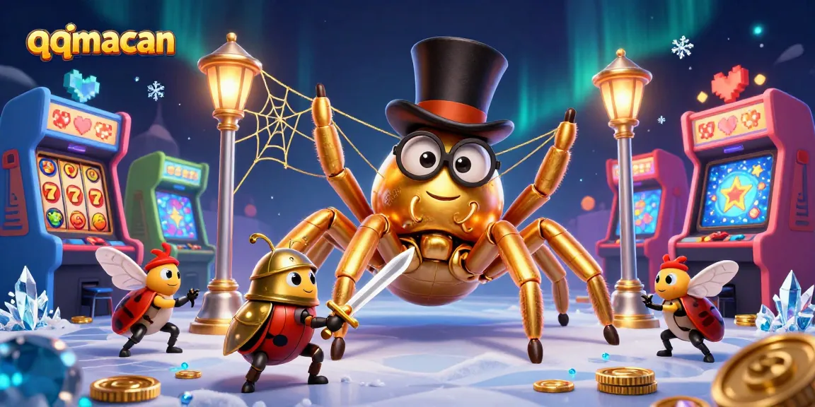 Experience thrilling gaming action with QQMacan's vibrant casino adventure scene featuring unique characters and slot elements.