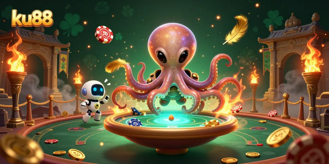 ku88 alien octopus and robot at a holographic poker table in a rich casino scene