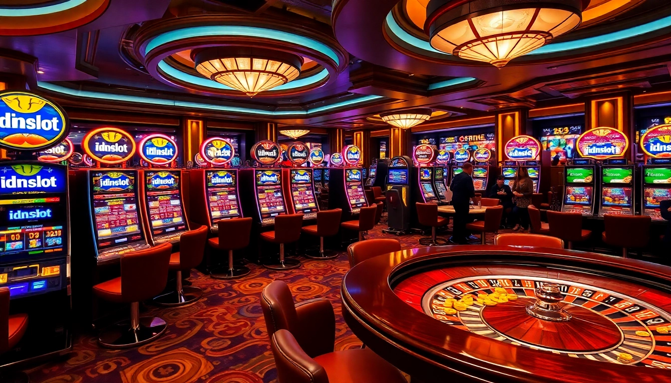 Experience the thrill of winning at idnslot with lively players around vibrant slot machines.