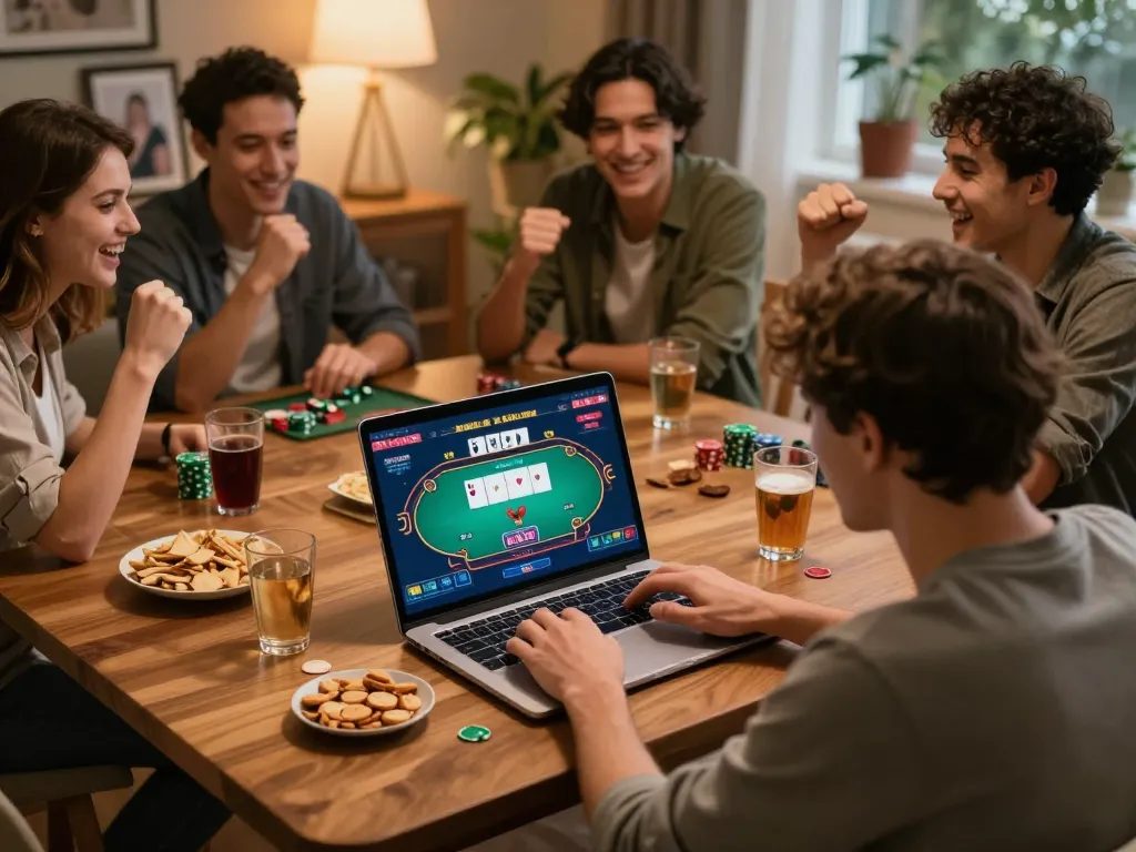Player enjoying an online poker game at home on God55, surrounded by friends and snacks, cultivating a fun gambling atmosphere.