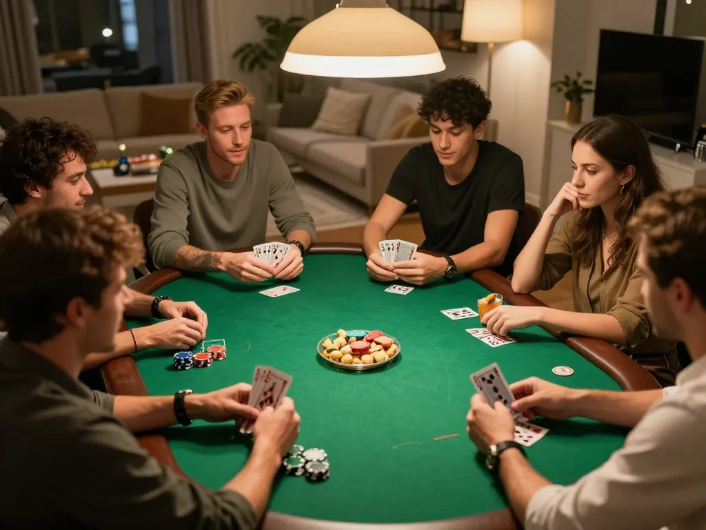 Nhatvip home poker night with friends enjoying cards and chips in a cozy atmosphere.
