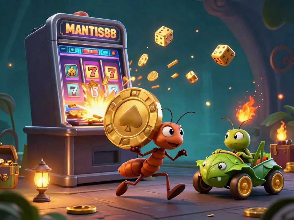 Experience the thrilling MANTIS88 adventure with cartoon ants carrying a giant poker chip amidst dazzling casino elements.