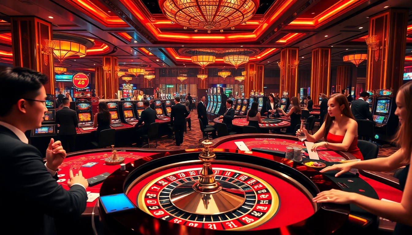 Players enjoying games at a luxurious casino featuring 68 game bài tables.