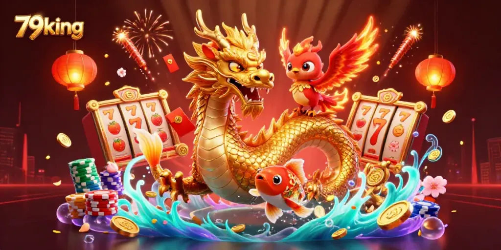Experience exciting gameplay at 79king, featuring an enchanting scene with a dragon, phoenix, and koi fish.