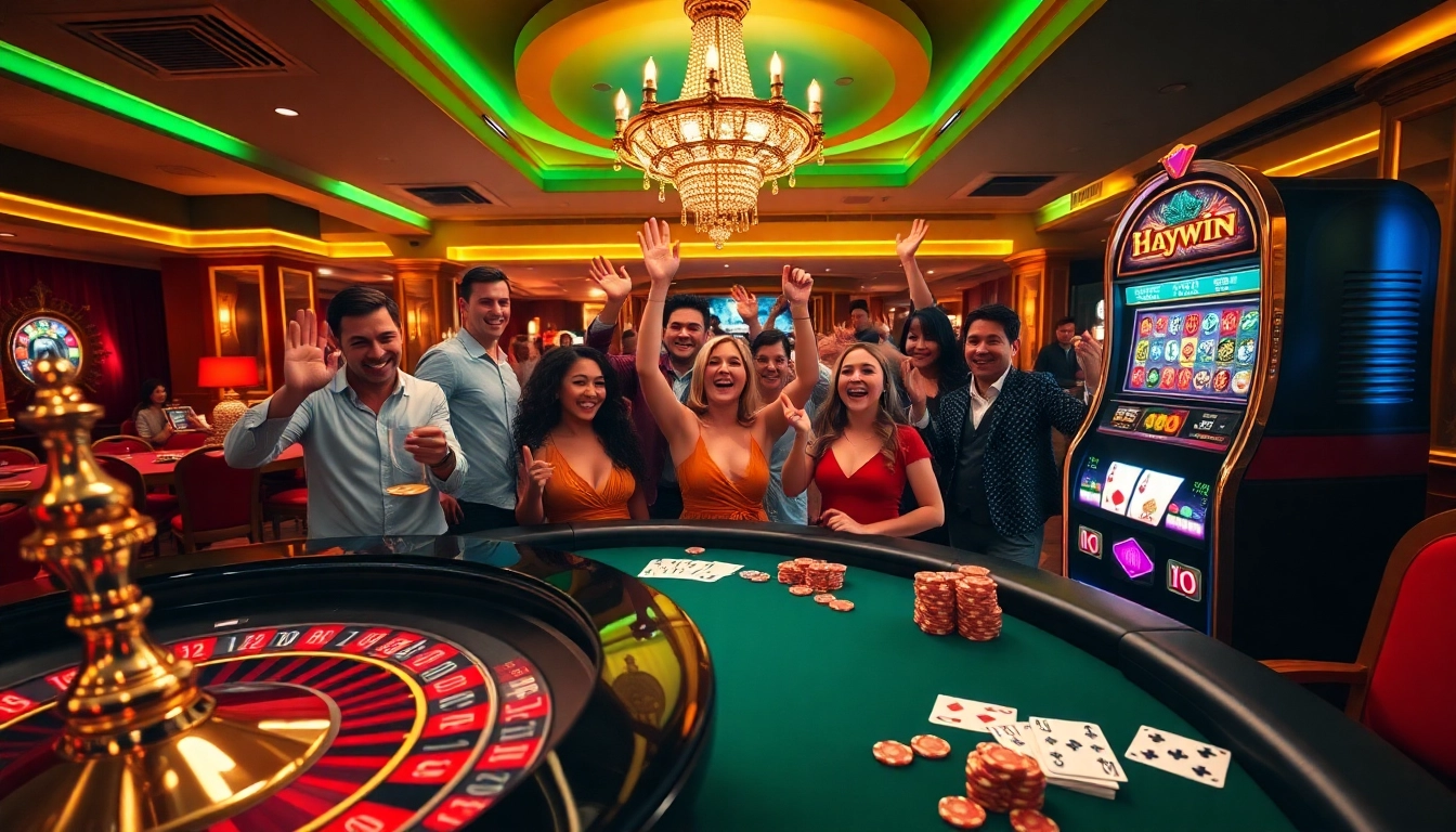 Players celebrating a big win at Haywin casino, showcasing energetic atmosphere with roulette and chips.
