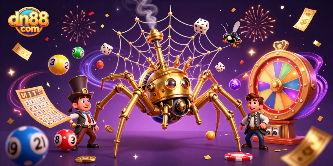 Catch lucky odds at dn88 com with this steampunk casino illustration featuring engaging characters and vibrant game elements.