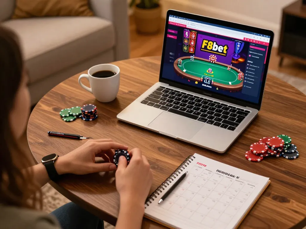 Engaging with F8bet casino platform on a cozy home setup while enjoying the online gaming experience.