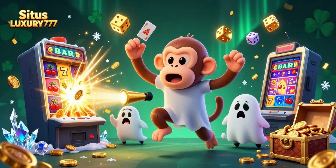 Situs LUXURY777 menampilkan ilustrasi kasino yang dinamis dengan mesin slot yang menonjol dan karakter mengasyikkan.