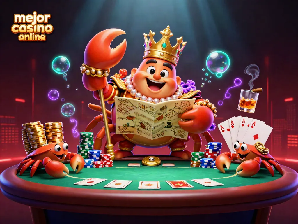 Ilustra el mejor casino online con temática de póker y un cangrejo emperador en un ambiente vibrante.