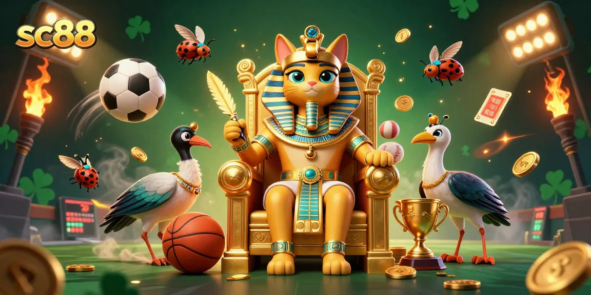 Engage with sc88 as Egyptian pharaoh cat celebrates sports betting with a vibrant casino scene.