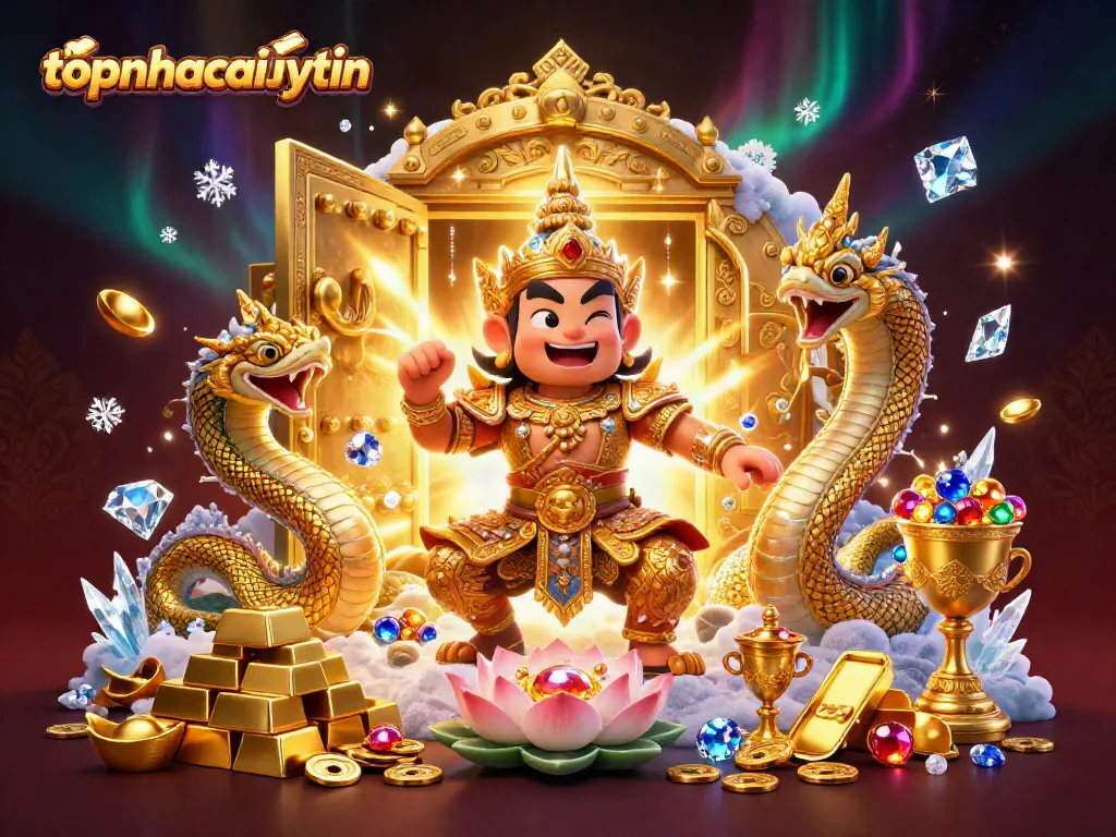 Engage in thrilling gambling experiences at topnhacaiuytin, surrounded by vibrant casino elements and majestic guardians.