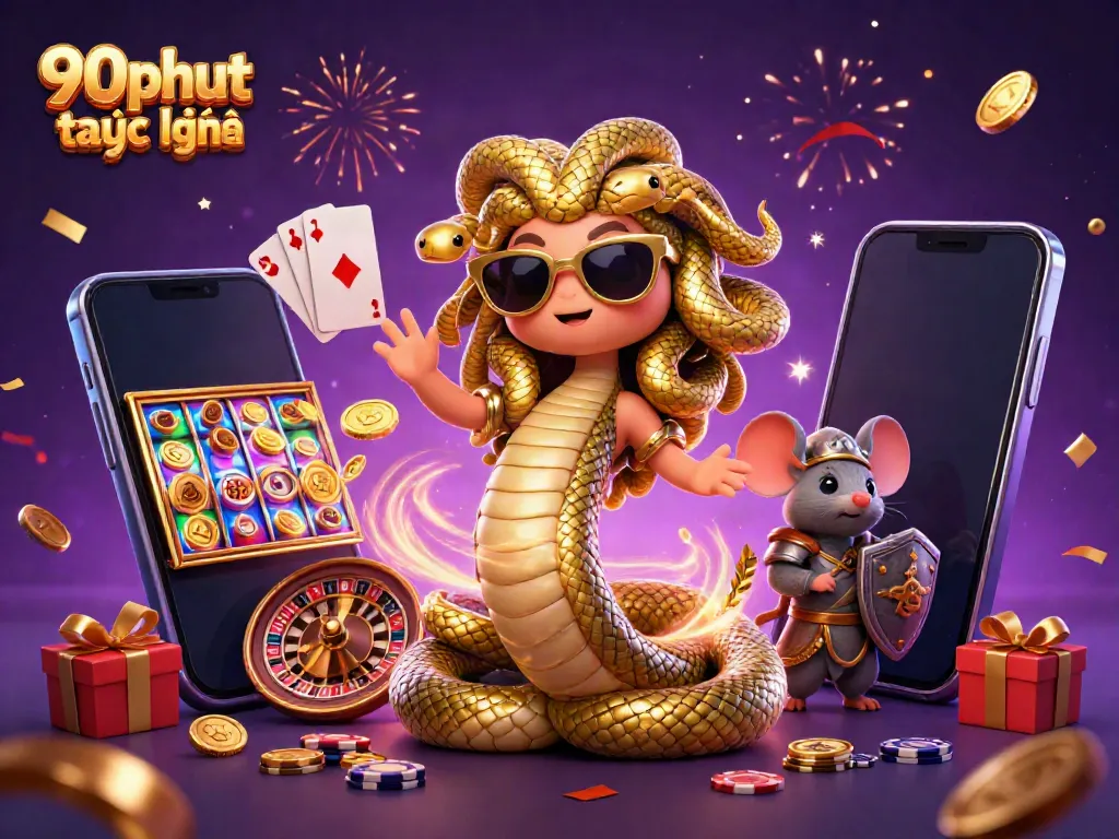 Experience the excitement of 90phut trực tuyến with a lively scene of characters enjoying games like slots and roulette, rich in detail.