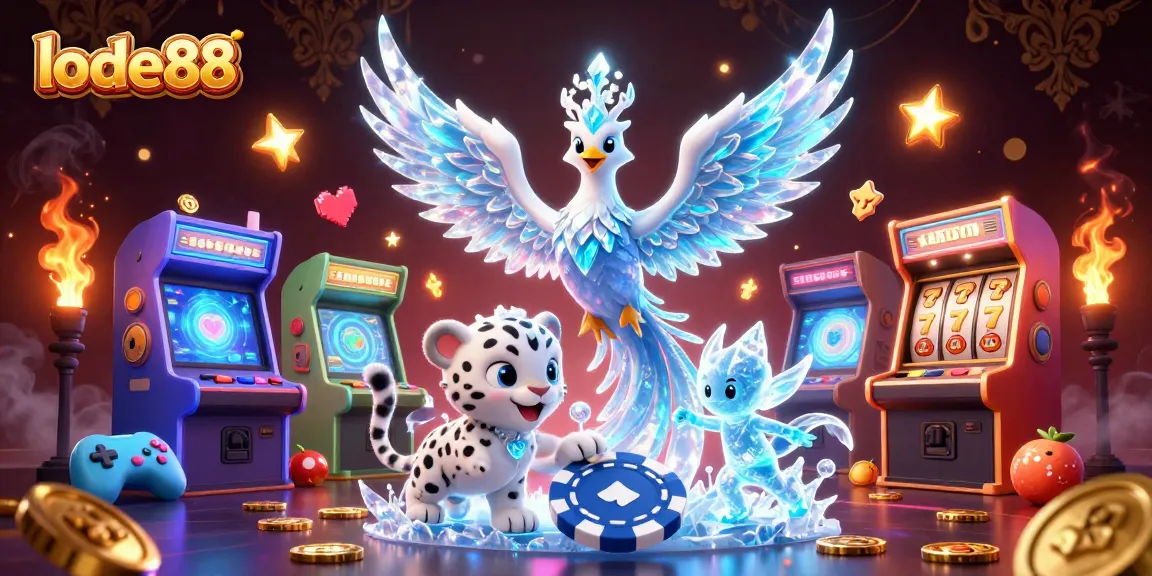 Join the fun at lode88 with an ice phoenix, playful snow leopard, and vibrant gaming elements.