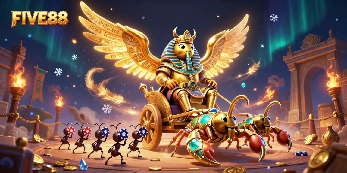 Experience the excitement of FIVE88 with a colossal scarab beetle and scorpions amidst gambling action.