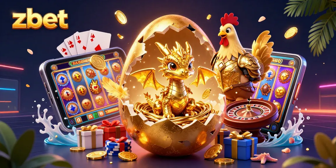 Experience winning moments with zbet's vibrant golden dragon and casino games illustration.