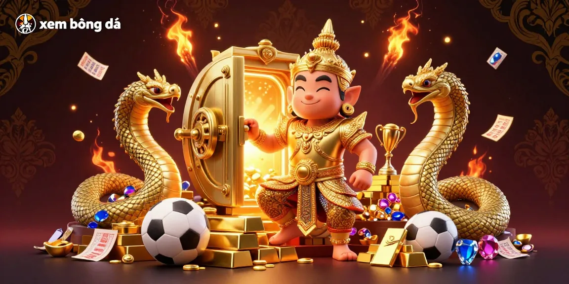 xem bóng đá brings thrill with golden treasures, sports trophies, and dynamic betting elements in a stunning atmosphere.