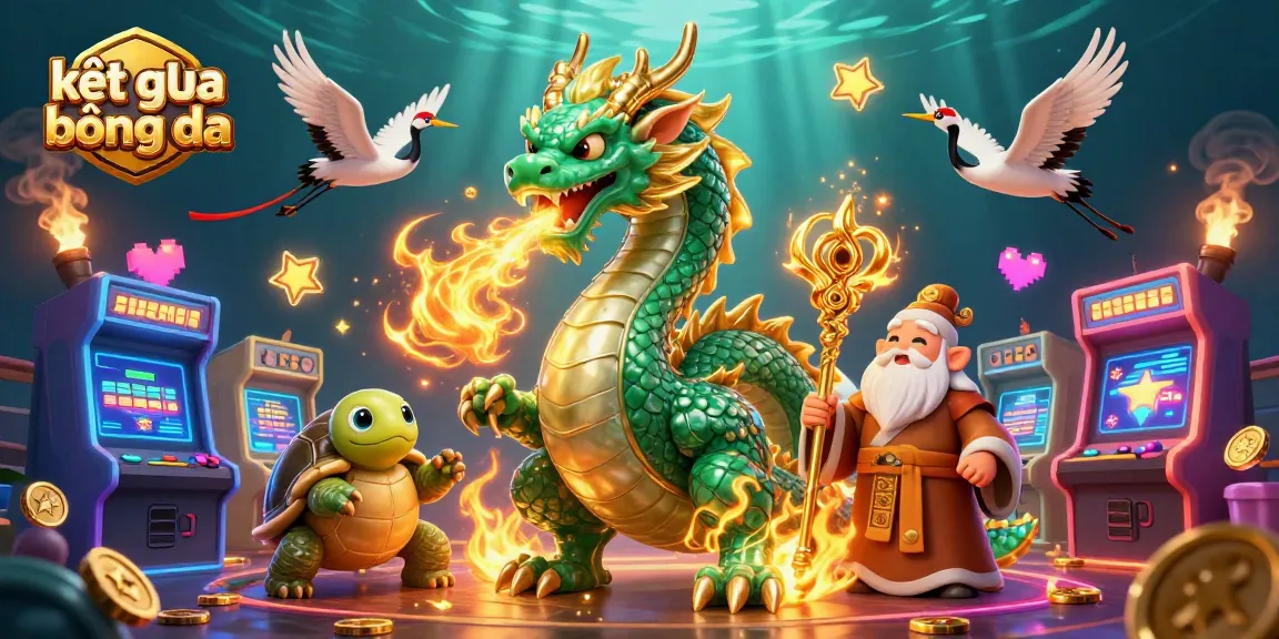 Track real-time kết quả bóng đá with a dynamic illustration of mythical creatures and gambling elements.