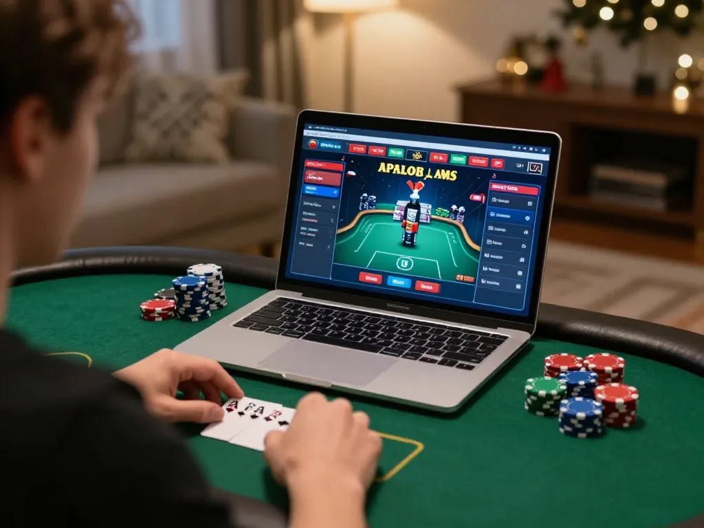 Engaging in a lucky win at an online poker game while cozy at home