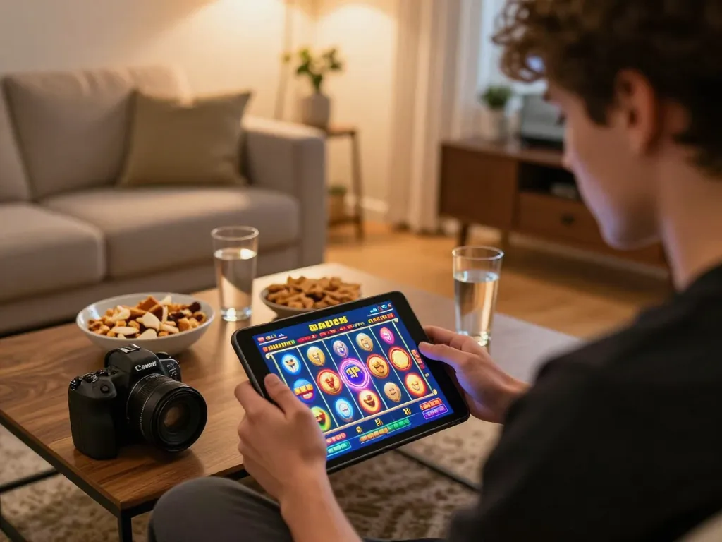 Engaging in slot paris gaming on a tablet during a cozy home session.