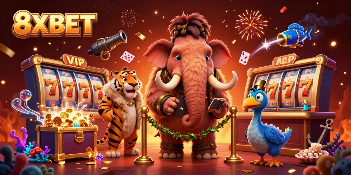 Experience excitement at 8XBET with vibrant characters and casino elements in this dynamic scene.