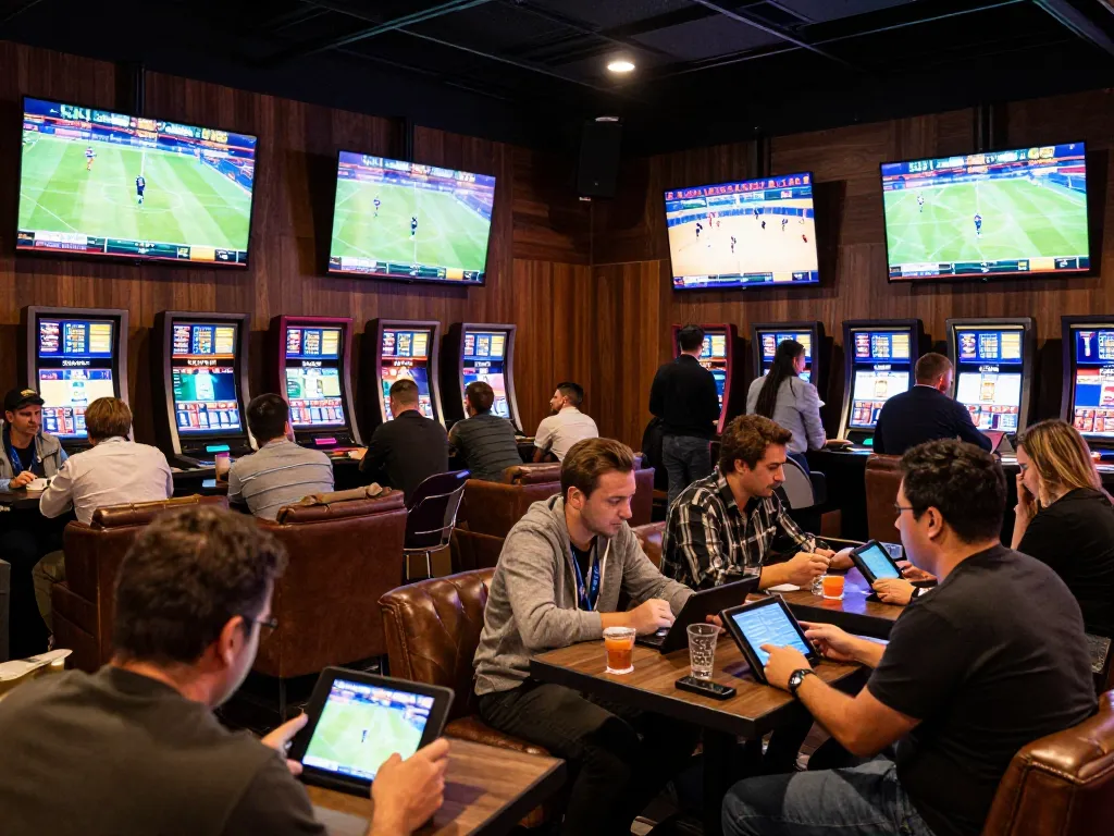 Excited bettors using keonhacai8 for sports betting strategies in a lively lounge