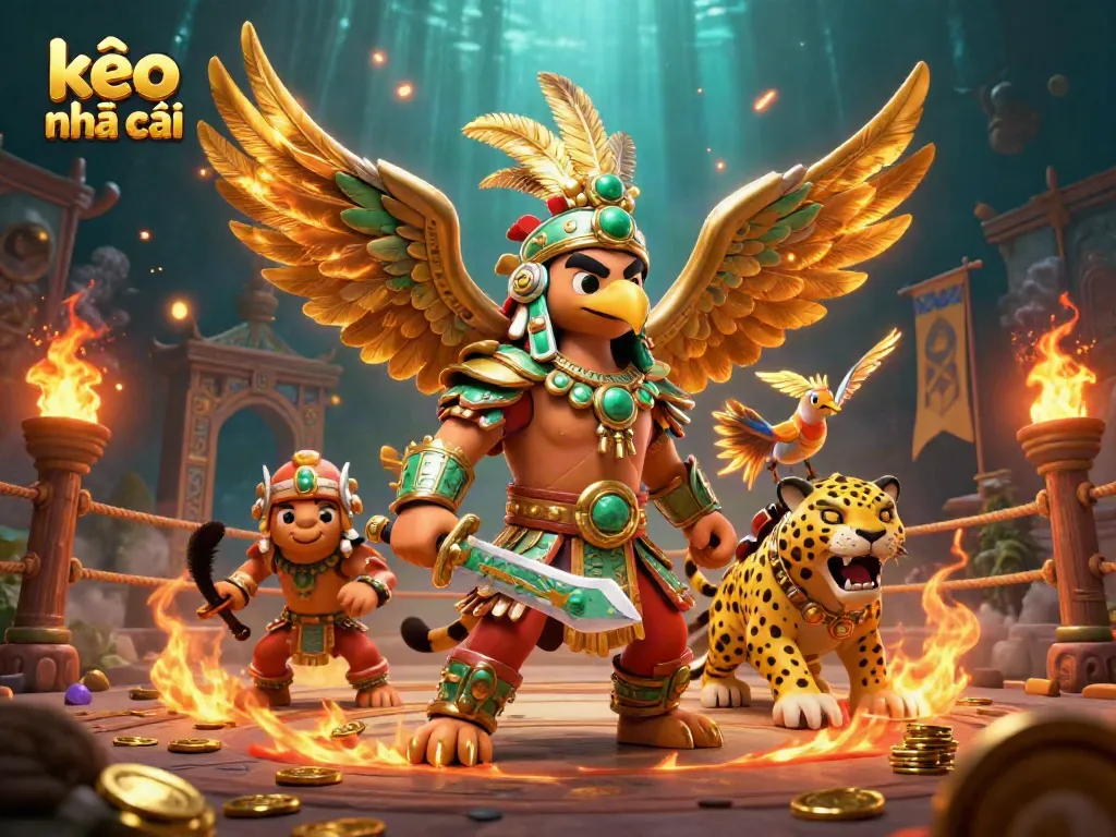 Engage in thrilling sports betting action with kèo nhà cái in a vibrant Aztec-inspired arena surrounded by gold coins.