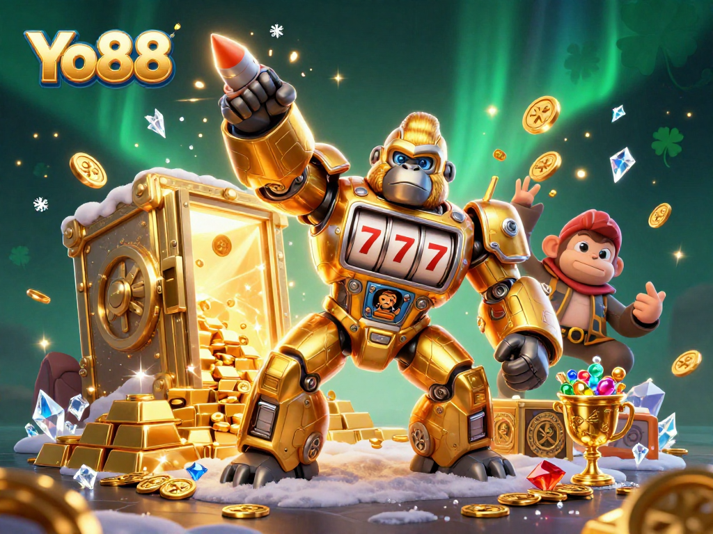 Experience exciting gameplay at Yo88 with a dynamic gorilla mech surrounded by treasure and casino elements