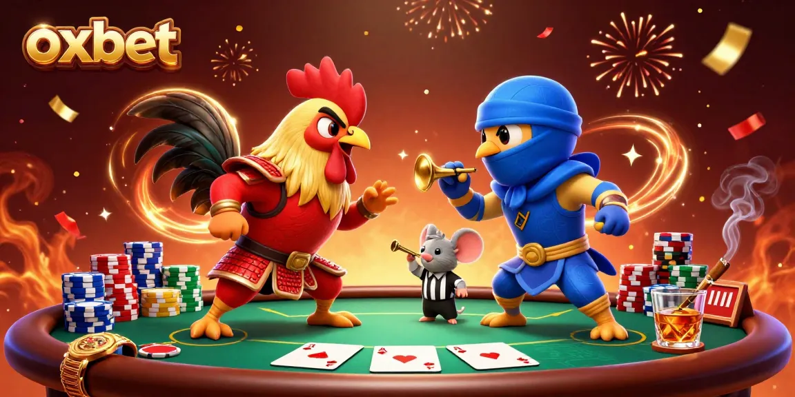 Engage with the exciting standoff of roosters at Oxbet's dynamic poker scene featuring immersive gaming elements.