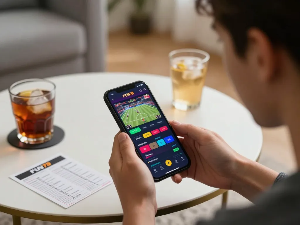 Engaging moment of placing a FUN79 bet on the mobile app with live sports events displayed.