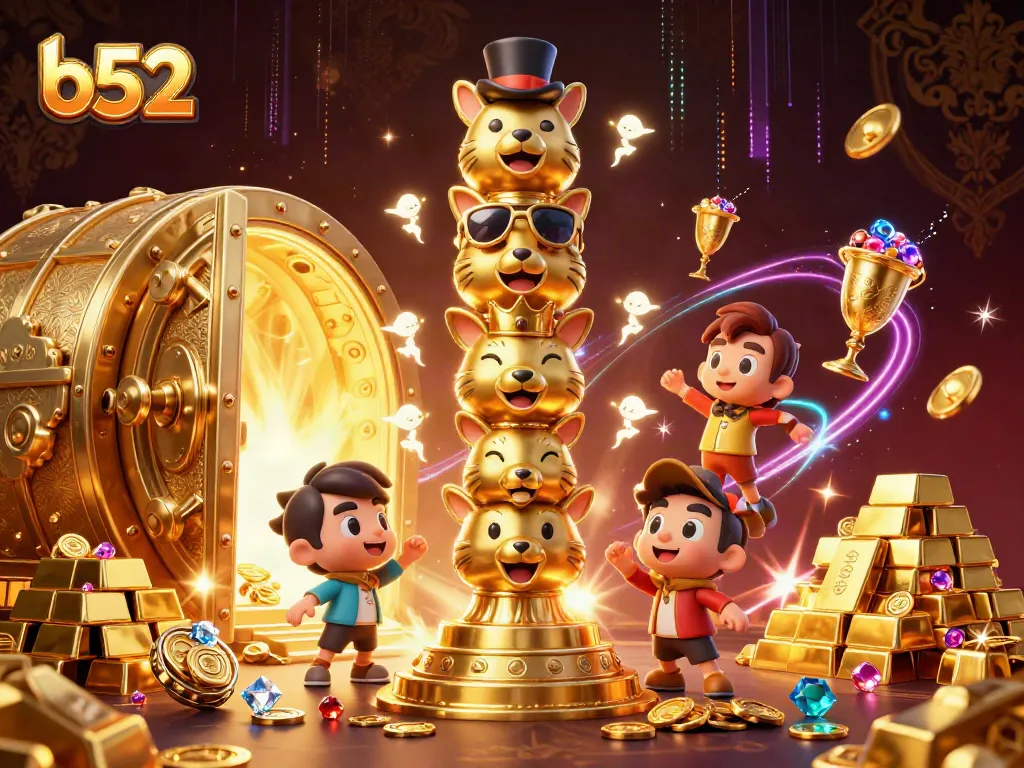 Spin and win with b52 in this vibrant casino-themed illustration showcasing a golden totem, treasures, and excitement.