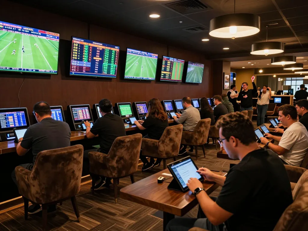 Xoilac users celebrating wins while watching live sports betting in an upscale lounge, showcasing excitement.