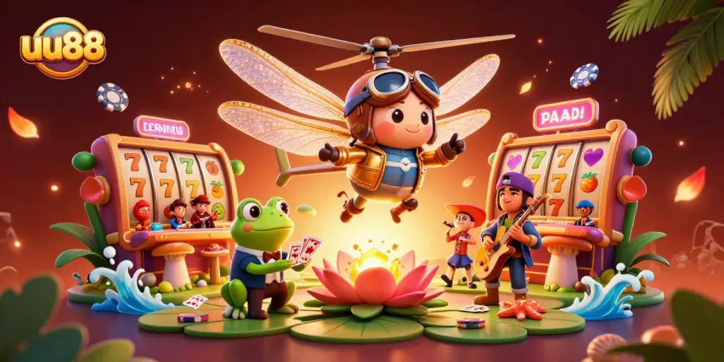 Experience exhilarating gameplay with uu88 in a vibrant casino scene featuring animated characters and lucky slot reels.
