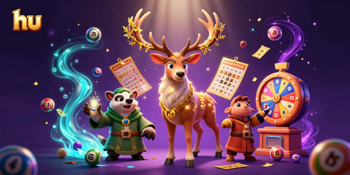 Win big at hu with vibrant lottery symbols, a druid stag, and magical spirits illuminating the scene.
